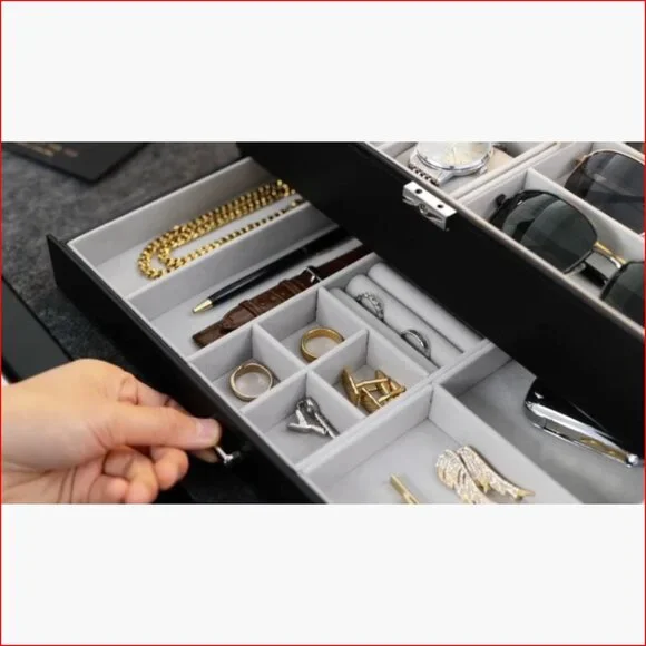 Lockable Watch Case with PU Leather, 6 Slots and Sunglasses Storage